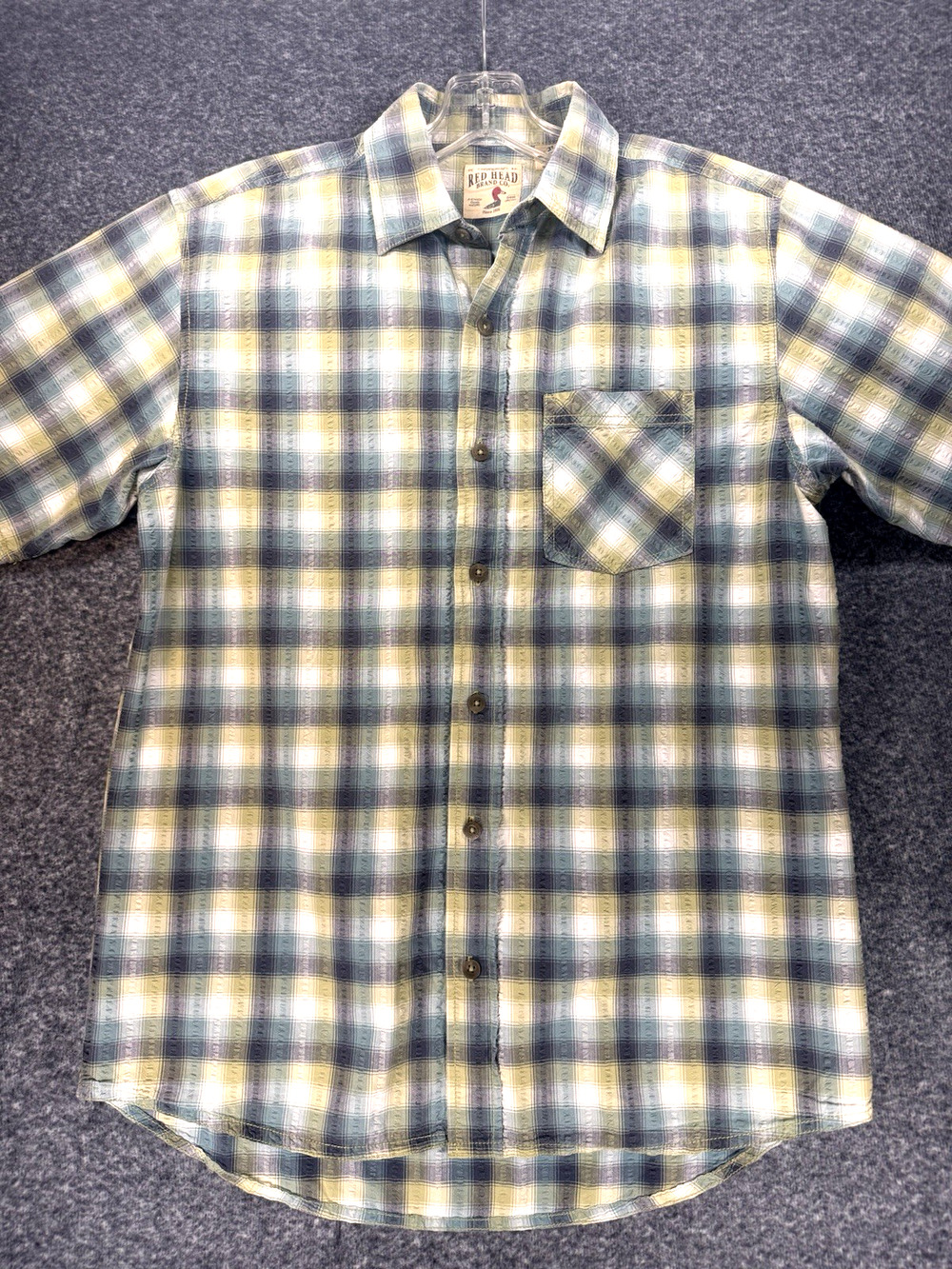 RedHead Brand Co Shirt Mens M Plaid Short Sleeve Button-Up Blue Green Tan A228